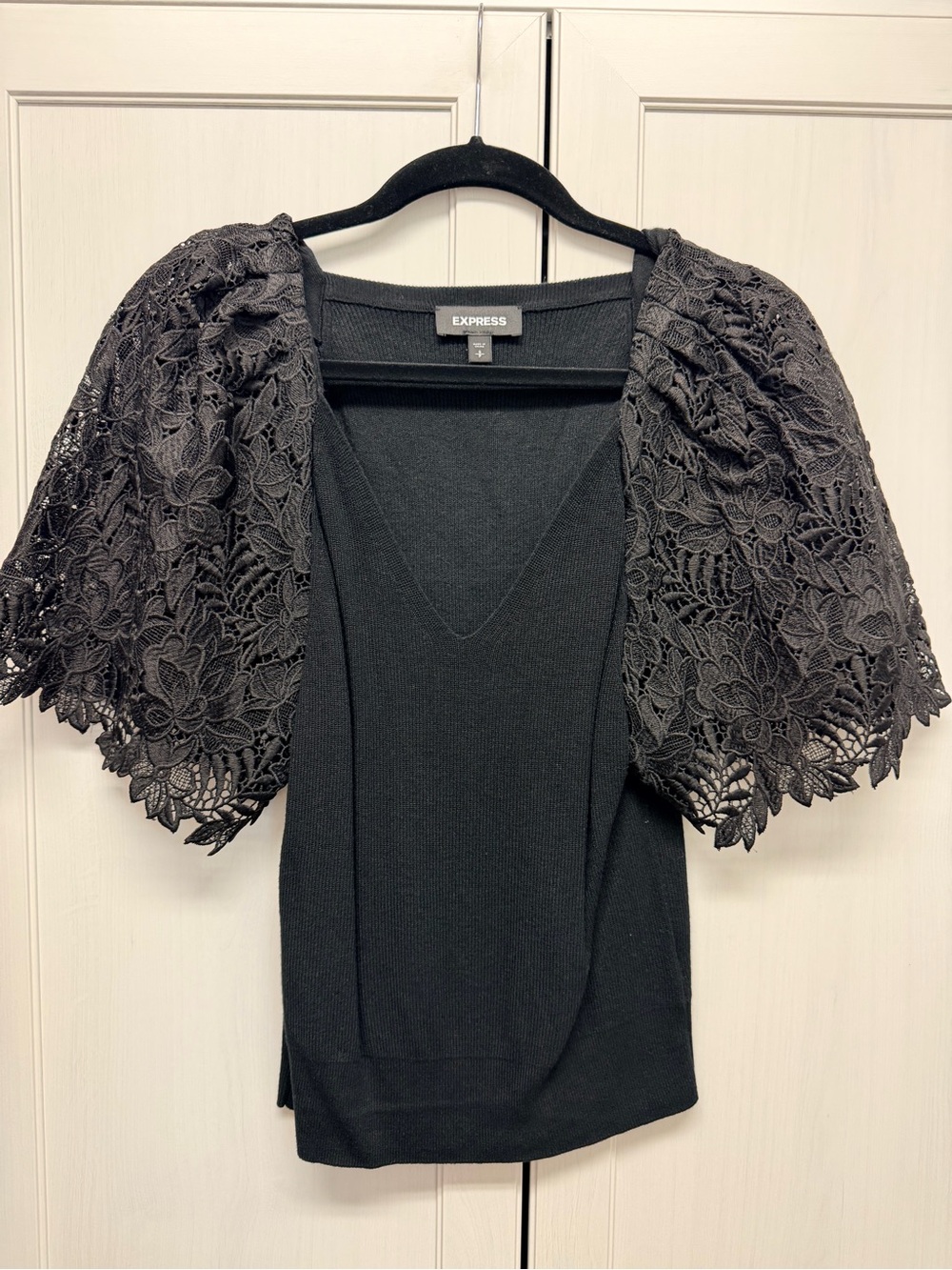 Express Black V-Neck Sweater with Floral Lace Short Sleeves